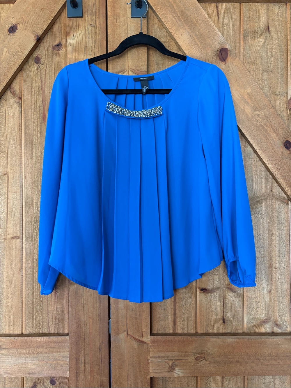 Alfani Royal Blue Long-Sleeve Pleated Blouse with Embellished Neck